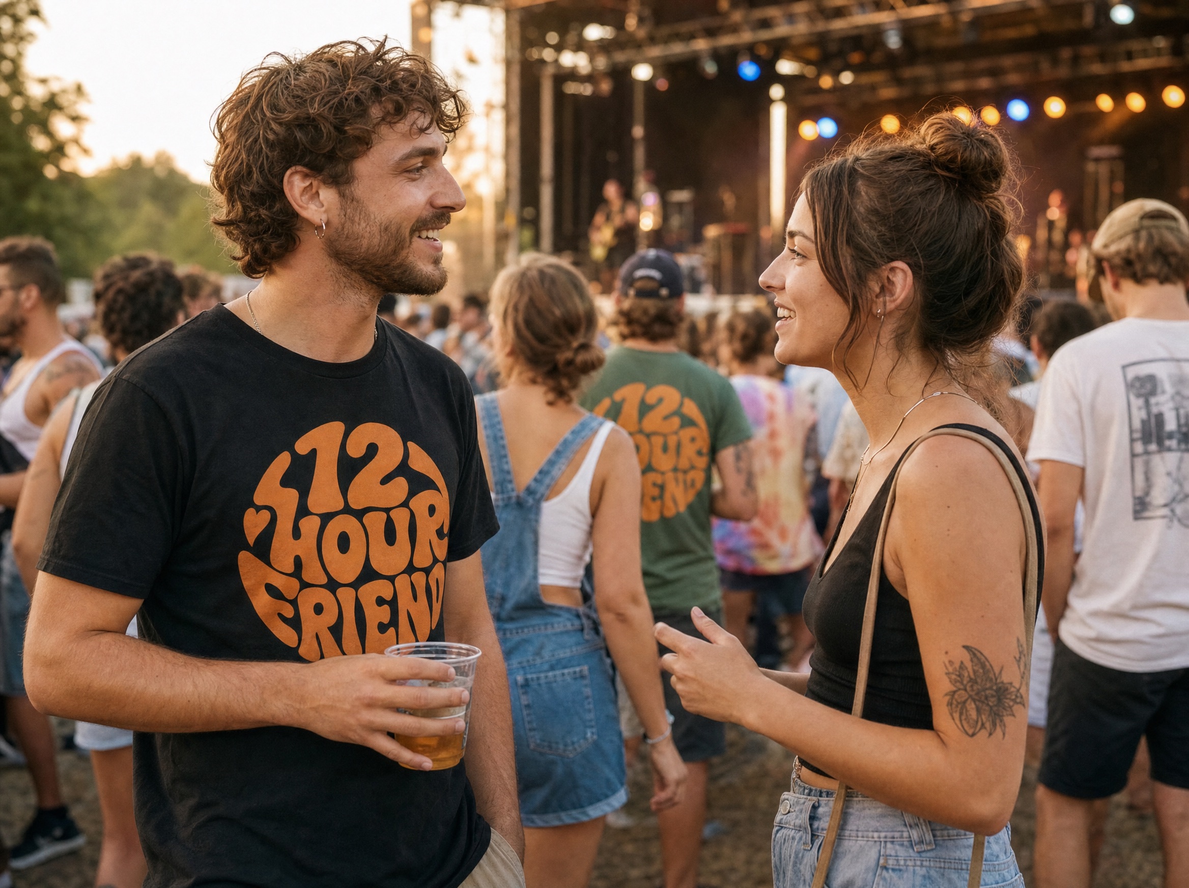 Two strangers chatting at a festival in 12 Hour Friend tees
