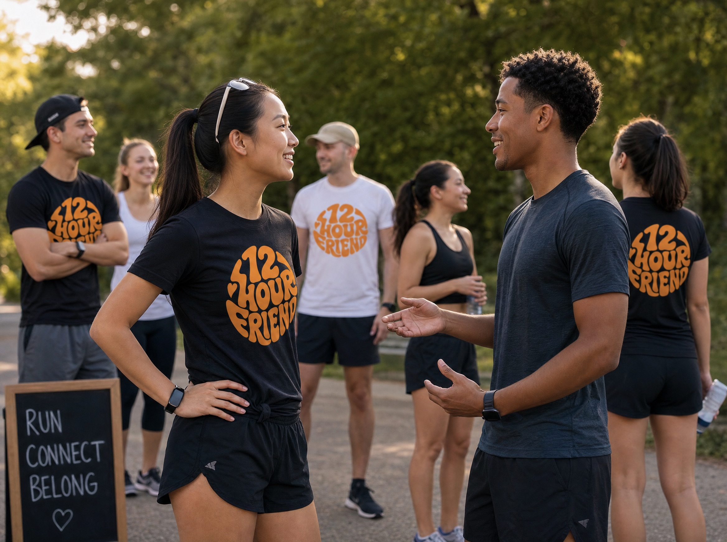 12 Hour Friend run club chatting at a sunrise meetup